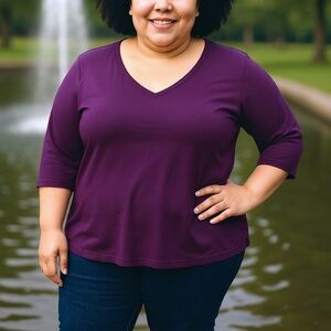 St. John's Bay Womens V Neck 3/4 Sleeve Plus T-Shirt in Bold Burgundy Sz 3X